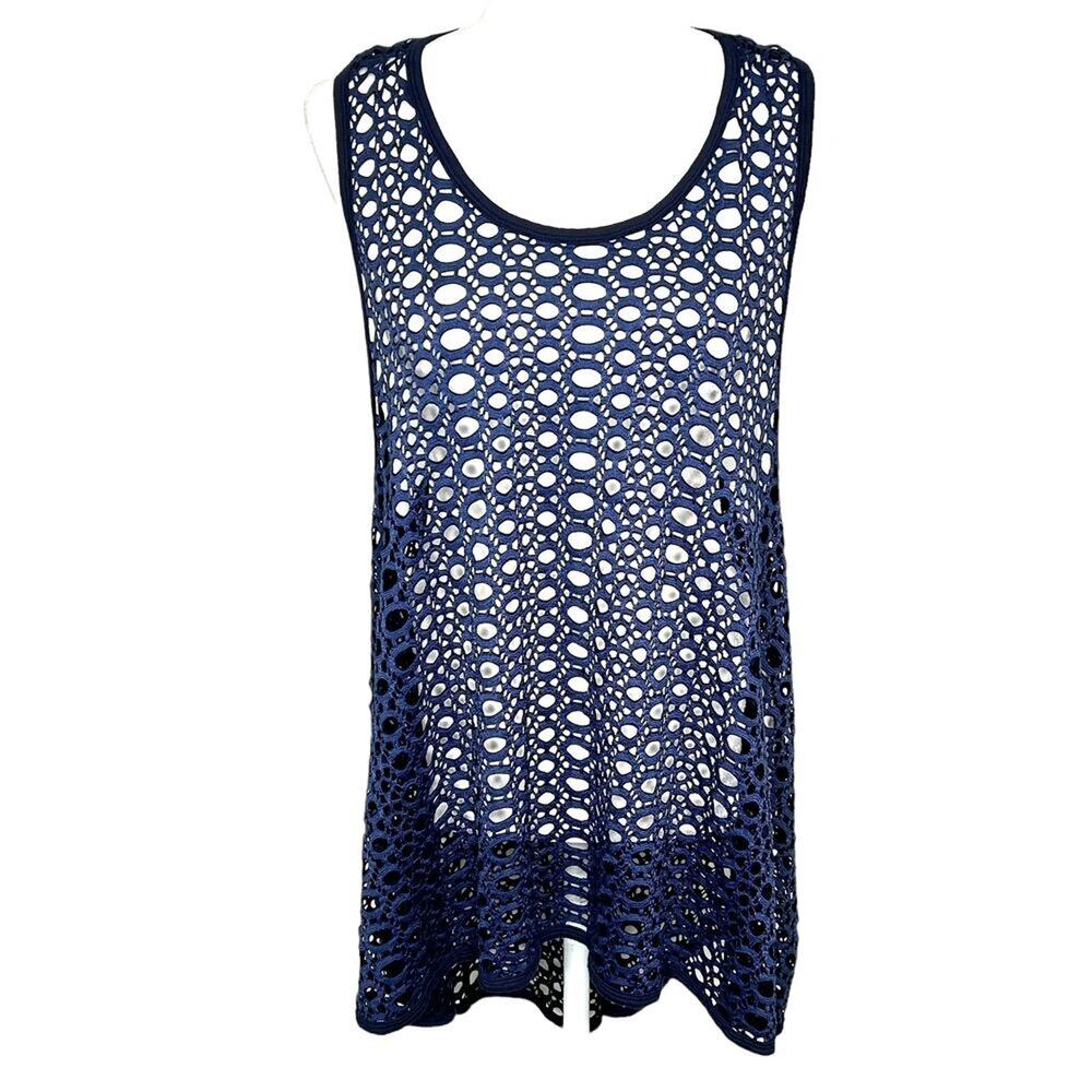 Comfy USA Navy Blue Crocheted Hi-Lo Overlay Stretchy Topper Cover Up Tank Top